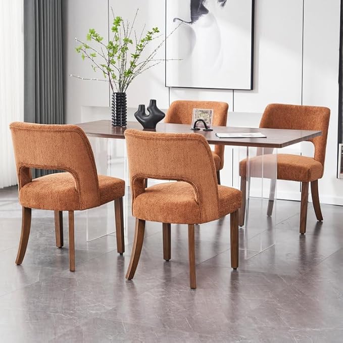 VKNOW Wooden Dining Chairs Set of 4, Modern Fabric Upholstered Dining Room Chair Kitchen Chairs, Farmhouse Dinner Chair for Kitchen Dining Room, Orange
