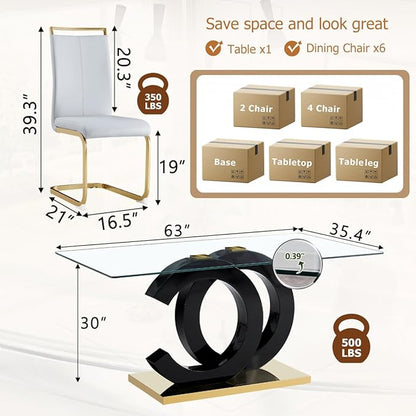 63'' Glass Dining Table Set for 6, Kitchen Table Chairs Set of 6, Clear Glass Dining Table with Black unique design Leg and Gold Metal Base, 6 PU Dining Chairs with Metal Legs, Living Room, Kitchen.