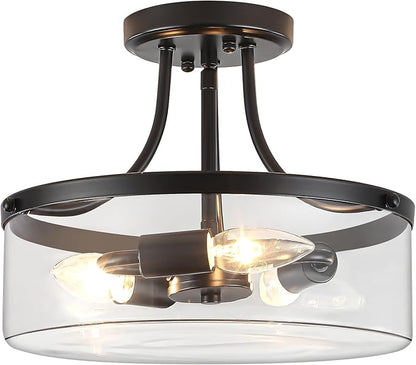 11.81" Black Semi Flush Mount Ceiling Light, Modern Glass Light Fixture, Industrial Hallway Light, 3-Light Close to Ceiling Light Fixtures for Entryway Bedroom Kitchen Laundry Dining Room, UL Listed