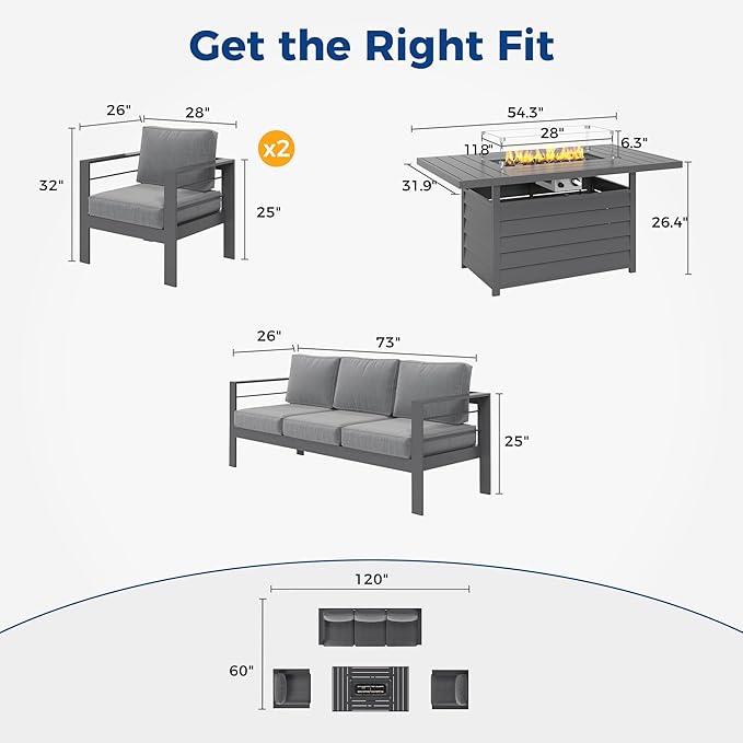 Wisteria Lane Aluminum Patio Furniture Set, 4 Pcs Metal Outdoor Furniture Set with CSA Certified 54in Propane Gas Fire Pit Table, Patio Conversation Set with 5in Olefin Cover Cushions, Dark Grey