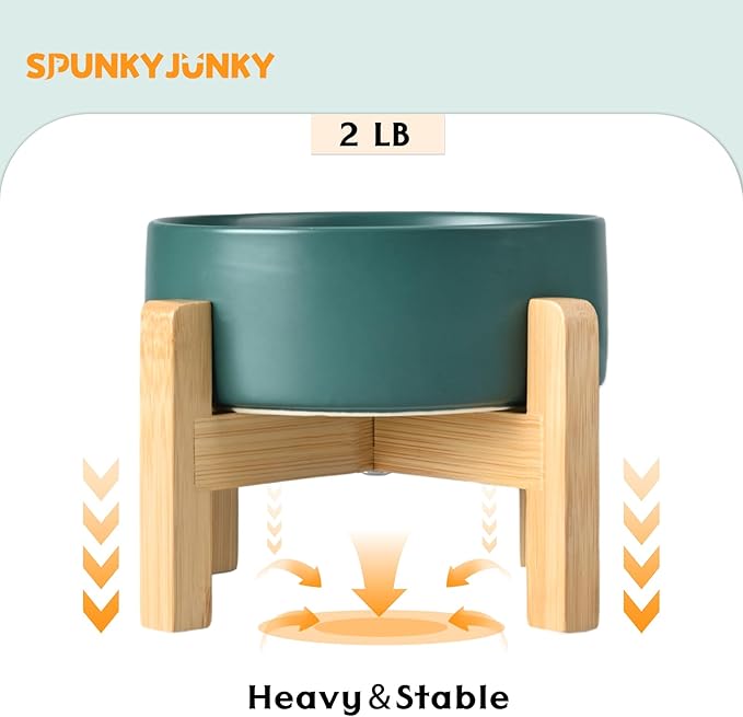 SPUNKYJUNKY Ceramic Elevated Dog Bowls 2 Pack - 6.1inch Raised Dog Bowls with Non-Slip Wooden Stand for Medium Dogs Dishwasher Safe(Green,28.7OZ*2)