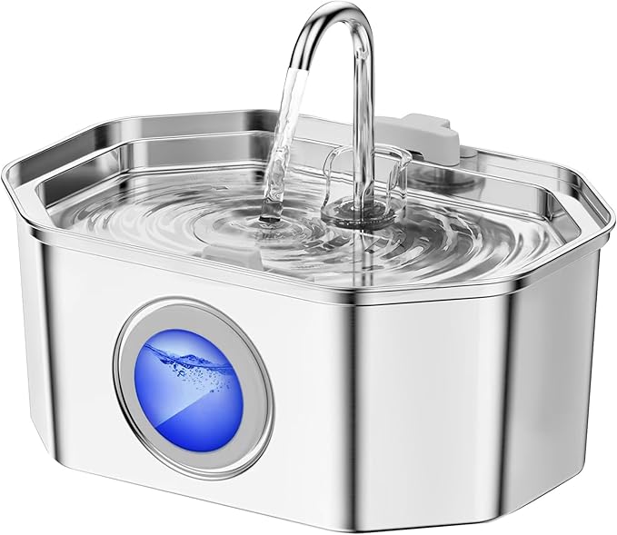 Cat Water Fountain Stainless Steel 108oz/3.2L, APAUK Automatic Pet Fountain Dog Water Dispenser with Water Level Window, Quiet Cat Fountain for Drinking, Inside with Replacement(1 Filter&1 Sponge)