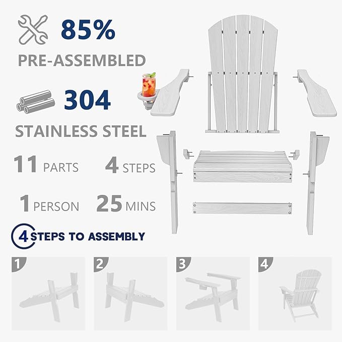 Plawdlik Folding Adirondack Chair, SGS Tested, Wooden Textured with Cup Holder, Heavy All-Weather HDPE Comfortable Set Poolside Backyard Lawn White Set 4