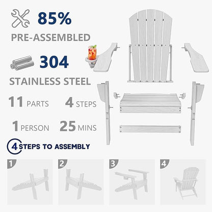 Plawdlik Folding Adirondack Chair, SGS Tested, Wooden Textured with Cup Holder, Heavy All-Weather HDPE Comfortable Set Poolside Backyard Lawn White
