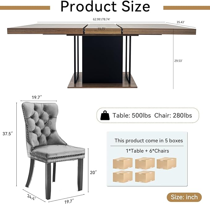 Goujxcy 78.7" Farmhouse Extendable Dining Room Table Set for 6, 7-Piece Rectangle Kitchen Dining Room Table Set with Wood Base and 6 Grey Velvet Dining Chairs, Extending Kitchen & Dining Table Set