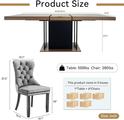Goujxcy 78.7" Farmhouse Extendable Dining Room Table Set for 6, 7-Piece Rectangle Kitchen Dining Room Table Set with Wood Base and 6 Grey Velvet Dining Chairs, Extending Kitchen & Dining Table Set
