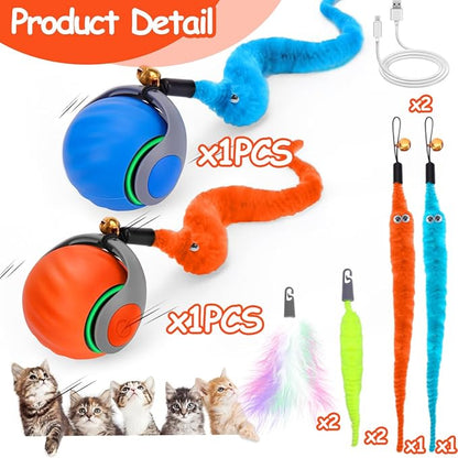 2PCS Interactive Cat Ball Toy, Self Rolling Ball with Cover Anti-Scratch for Bored Indoor Cat Chasing, Obstacle Avoidance Smart Cat Toys for Enrichment, Motion Activated Toys to Keep Them Busy