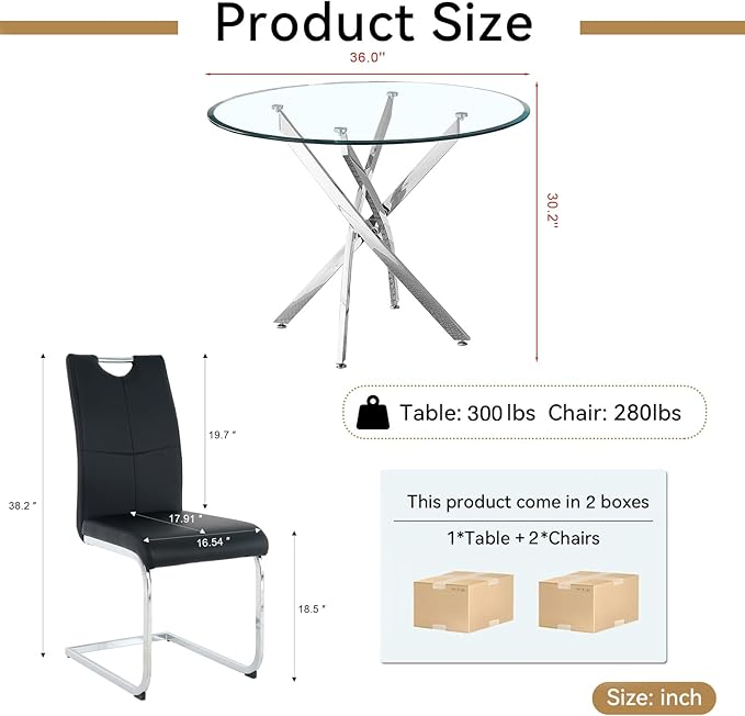Goujxcy 3 Pieces Round Dining Table Set for 2, Modern Silver Glass Kitchen Table and Chairs for 2 with Upholstered Chairs, Circle Coffee Dining Table Set for Small Space,Apartment,Office
