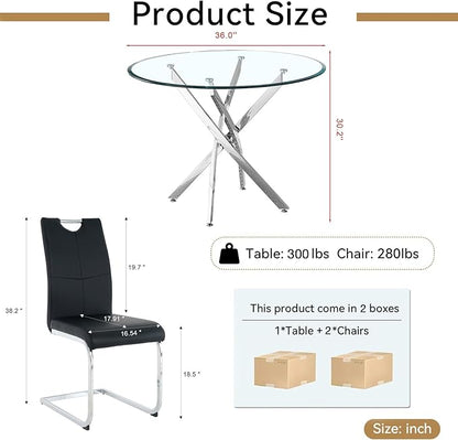 Goujxcy 3 Pieces Round Dining Table Set for 2, Modern Silver Glass Kitchen Table and Chairs for 2 with Upholstered Chairs, Circle Coffee Dining Table Set for Small Space,Apartment,Office