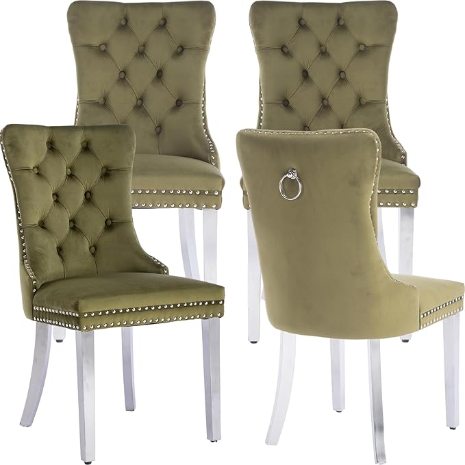 Luxury Upholstered Dining Chairs Set of 4, Olive Green Kitchen Chair with Silver Metal Legs, Velvet Tufted Back Dining Chair, Sillas de Comedor, Modern Kitchen & Dining Room Chairs (Olive, 4 Pcs)