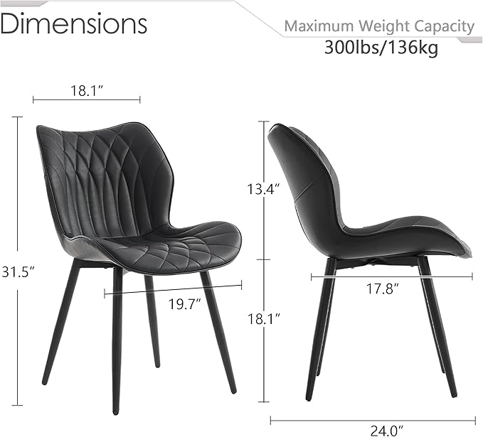 Kidol & Shellder Black Dining Chairs Set of 2 Modern Kitchen Chairs with Back Armless Accent Chairs for Living Room Upholstered Faux Leather Chair Mid Century Comfy Side Chair with Metal Legs