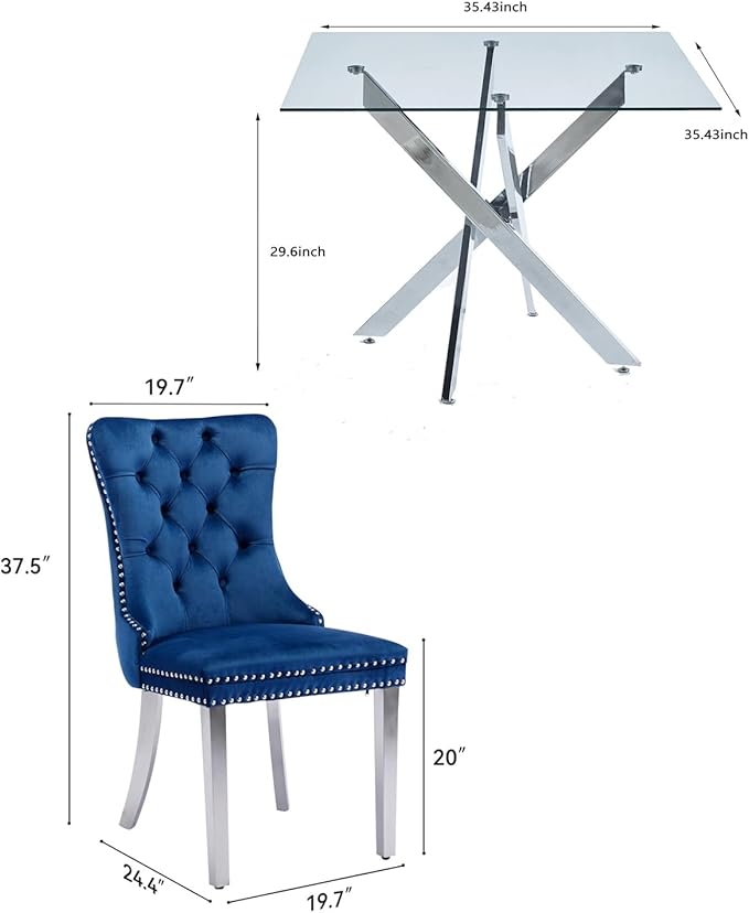 Goujxcy 5 Piece Glass Dining Table Set Modern Small Glass Dining Table Set for 4, 35.43" Square Kitchen Table and 4 Velvet Upholstered Chairs for Kitchen Dining Room, Silver & Blue
