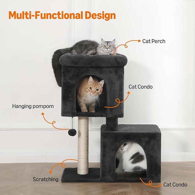 Amazon Basics 30-Inch Cat Tree Tower, Activity Center with 2 Plush Condos, Sisal Scratching Post and Hanging Pompom, Gray