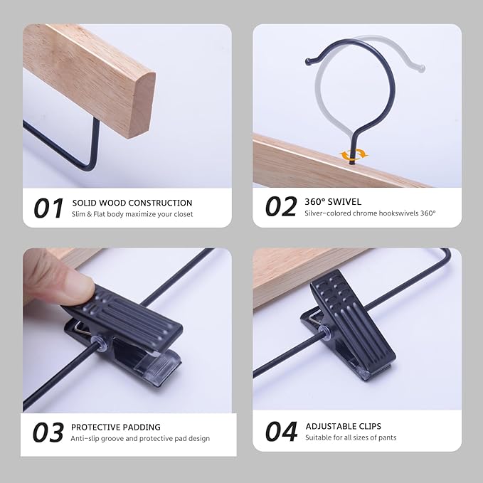 Nature Smile Deluxe Wooden Pants Hangers,Solid Rubber Wood Jeans Skirt Hanger with Black Adjustable Clips and Rotatable Hook Pack of 10(Natural Varnished)