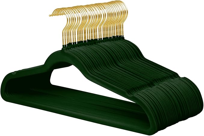 ManGotree Velvet Coat Hangers with 360° Swivel Gold Hook, Non-Slip Felt Suit Hangers, Slim Space Saving Clothes Hanger for Jacket, Sweater, Shirt, Dress, Pants (36 Pack, Green)