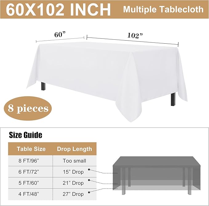 sancua 8 Pack White Tablecloth 60 x 102 Inch, Rectangle Table Cloth for 6 Feet Tables - Stain and Wrinkle Resistant Washable Polyester Table Cover for Dining Tables, Buffet Parties and Camping