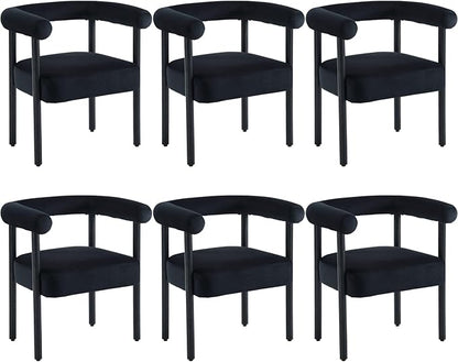 Mid-Century Modern Dining Chairs Set of 6, Armrest Barrel Dining Chairs Side Accent Chairs with Curved Back, Upholstered Wood Armchairs for Kitchen/Dining Room, Velvet Black