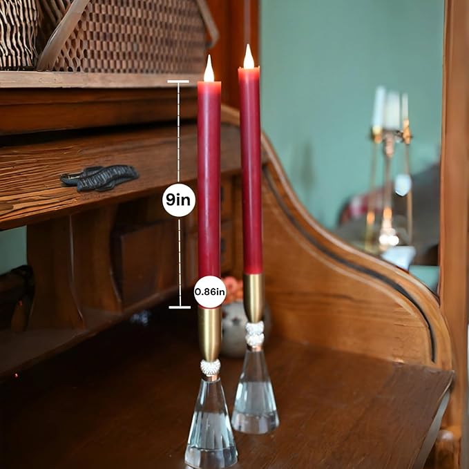 Flameless Taper Candles Flickering with Remote and Timer, 3D Moving Flame Taper Candle Battery Operated to 400 Hours, 9 Inch Window Candles, (Burgundy)