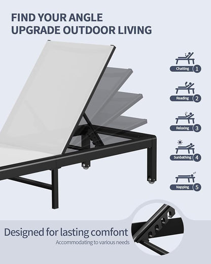 Aluminum Lounge Chairs Outdoor Chaise Furniture,2 Sets Patio Metal Deck Lounger Adjustable 5-Position Poolside Chase Recliner with Wheels for Beach,Coffee Table, (White, 2 Chairs + Table)