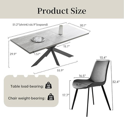 ZckyCine 51"-67" Extendable Dining Table Set with 6 Dining Chairs, Modern Rectangular Kitchen Table Set for 6-8 People, Space-Saving Expandable Dining Table with Metal Frame