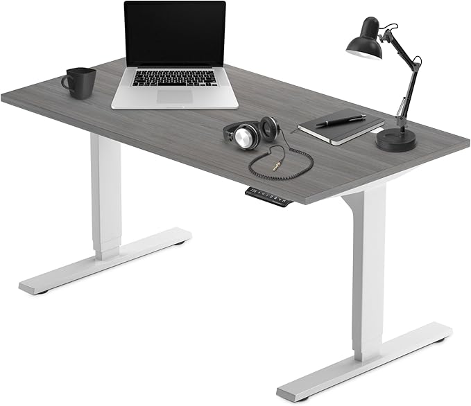 Progressive Desk Stand Up Adjustable Height Electric Standing Desk - 60"x30" Dual Motor, Computer Workstation Sit Stand Table for Home Office - Gray Oak, White Frame