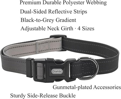 Dog Collar Leash Set, Gradient Color, with Safety Reflective Strips, 5 ft Matching Leash, Neoprene Padded Handle, Adjustable 4 Sizes for Small Medium Large Dogs.(M, Black Grey)