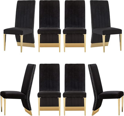 AUZ Black and Gold Dining Chairs Set of 8, Black Velvet Upholstered Dining Room Chairs with Nailhead Trim, Modern High Back Dining Chairs with Gold Legs