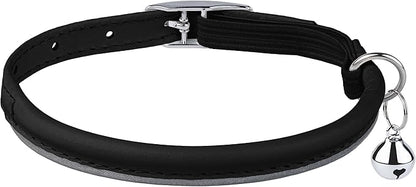 OOPSDOGGY Rolled Leather Cat Collar with Bell, Reflective Kitten Collars with Buckle Include Safety Elastic Strap - Adjustable Small Pet Collars for Boy Girl Cats (Black)