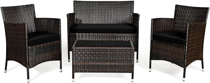 Goplus 4-Piece Rattan Patio Set, Outdoor/Indoor Wicker Conversation Set for Pool, Backyard, Lawn, Wicker Chairs and Sofa with Soft Cushion, Rattan Furniture with Tempered Glass Coffee Table