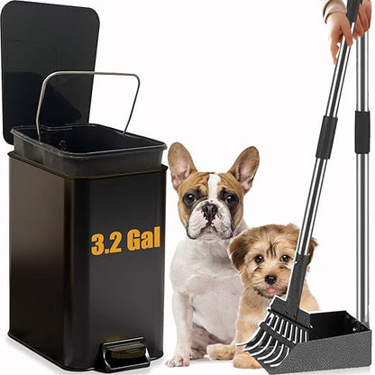 Metal Dog Pooper Scooper for Yard - 3.2Gal Dog Poop Trash Can Outside with Pedal - Pet Waste Container Outdoor - Stainless Steel Garbage Bucket with Lid - Black Trash Bin, Long Handle Tray and Rake