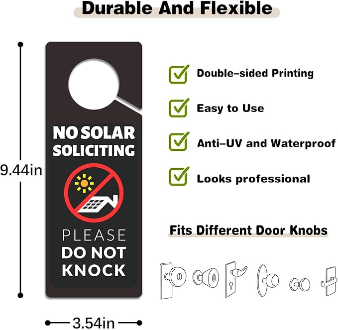 No Solar Panel Soliciting Sign for House, 2 Pack (Printed on Both Sides) - 9.3"x3.5" PVC Plastic Don't Disturb Sign for Home, Front Door, Business, Durable Weatherproof, Easy to Hang