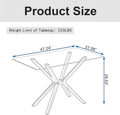 47" Tempered Glass Dining Table for 4, Modern Kitchen Table Rectangle Top, Geometric Metal Leg, for Apartment Dining Room Restaurant (Gold)