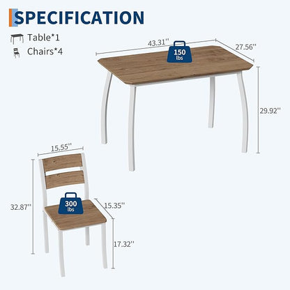 5 Piece Dining Table Set for 4, Space-Saving Kitchen Table with Wooden Seat Chairs, Modern Angled Corner Design, Compact Dinner Set for Small Spaces, Apartment, White & Wood Grain Color