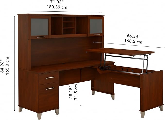 Bush Furniture Somerset 72W 3 Position Sit to Stand L Shaped Desk with Hutch in Hansen Cherry | Adjustable Height Table for Home Office