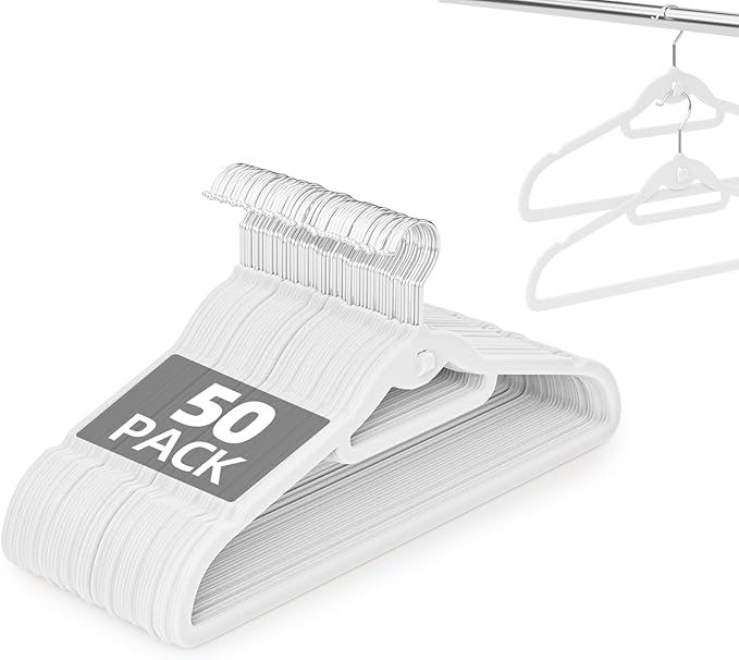 Velvet Hangers 50 Pack, Non Slip Stackable Clothes Hangers with Cascading Hooks, Ultra Thin and Space Saving Felt Hangers with Tie Bar, 360° Swivel Hooks, Heavy Duty for Suit Coat Shirt Pant- White