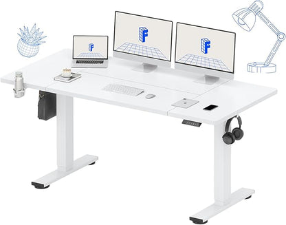 FLEXISPOT 63 x 32 Inch Large Standing Desk, Stand Up Desk with Splice Board, Rising Desks for Home Office, Office Desk with Cup Holder and Headphone Hook (White Frame + White Top, 2 Packages)