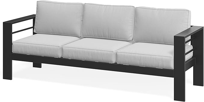 Wisteria Lane Patio Furniture Metal Sofa, Metal Outdoor Chairs with Upgraded Cushions, All-Weather Outdoor 3 Seats Sofa Couch for Balcony, Garden, Deck, Backyard, Light Grey