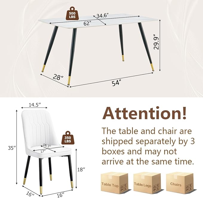 White Dining Table Set for 4, 62'' Dining Table Set for 4, Sintered Stone Dining Room Sets for 4, Easy to Assemble