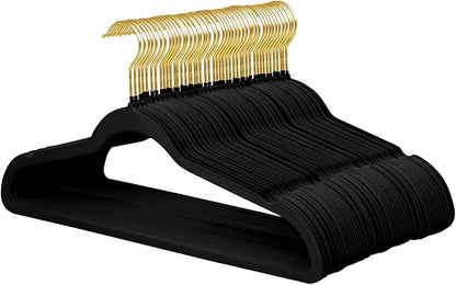 ManGotree Velvet Coat Hangers with 360° Swivel Gold Hook, Non-Slip Felt Suit Hangers, Slim Space Saving Clothes Hanger for Jacket, Sweater, Shirt, Dress, Pants (48 Pack, Black)