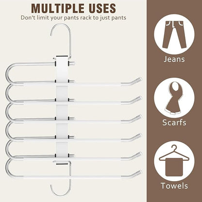 4 Pack 6-Tier Space Saving White Pant Hangers, Anti-Slip, Lightweight, Stainless Steel, Ideal for Closet Organization, Free Installation