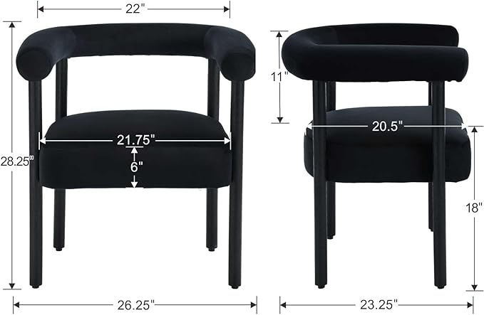Mid-Century Modern Dining Chairs Set of 4, Armrest Barrel Dining Chairs Side Chairs with Curved Back, Upholstered Wood Armchairs for Kitchen, Velvet Black