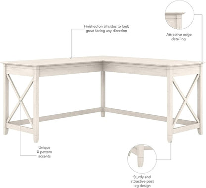 Bush Furniture Key West 60W Modern Farmhouse L Shaped Desk in Linen White Oak, 60-Inch Corner Computer Table for Home Office Workspace