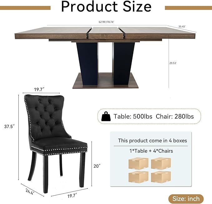 Goujxcy 5-Piece Extendable Dining Table Set for 4-8 People 63-78 Inch Kitchen Table Set with 4 Velvet Upholstered Chairs Farmhouse Rectangular Dining Room Table Set for Kitchen Dining Room Apartment