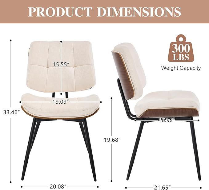 Dining Chairs Set of 2,Mid Century Modern Kitchen Chairs with Walnut Bentwood Back and Metal Legs,Upholstered Fabric Dining Room Chairs for Kitchen, Living Room,Beige