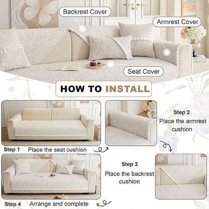 HANDONTIME Chenille Pet Couch Cover Floral Pattern – Soft Fringed Edges, Non-Slip Washable Sofa Slipcover, Jacquard Sofa Cushion Cover, Protects Furniture from Dogs, Cats & Kids (Khaki,35.4" x 82.7")