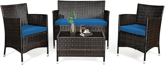 Tangkula 4 Pieces Patio Rattan Conversation Set with Tempered Glass Coffee Table & Thick Cushion, Wicker Set for Garden, Lawn, Poolside and Backyard