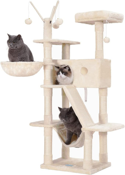 Hey-brother Cat Tree, 61 inch Cat Tower for Indoor Cats, Cat House with Padded Platform Bed, Toy Balls, Large Cozy Condo, Hammocks and Sisal Scratching Posts, Beige 0MPJ019M