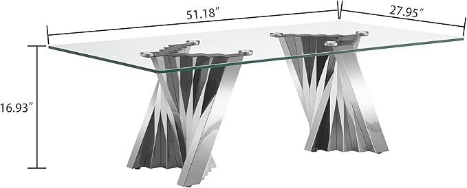 Goujxcy Modern Glass Coffee Table 51" Silver Center Table with Tempered Glass Top and Mirror Finish Stainless Steel Legs, Luxury Rectangular Coffee Table for Living Room Apartment (Silver)
