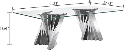 Goujxcy Modern Glass Coffee Table 51" Silver Center Table with Tempered Glass Top and Mirror Finish Stainless Steel Legs, Luxury Rectangular Coffee Table for Living Room Apartment (Silver)