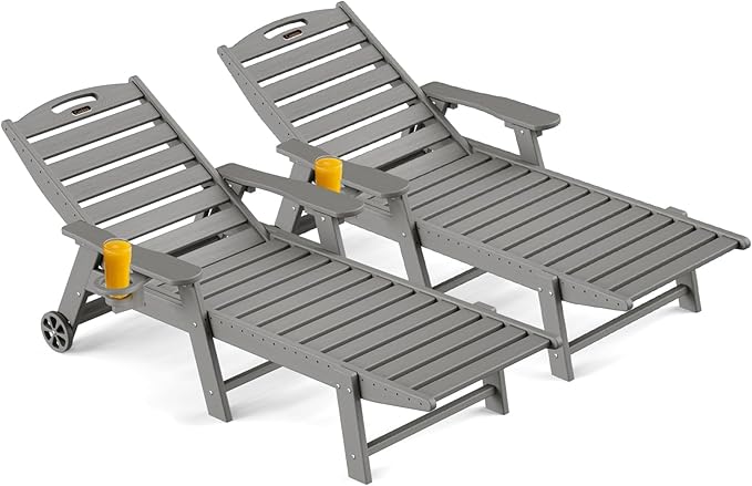 Outdoor Chaise Lounge Chair Set of 2, Patio Lounge Chairs for Outside, HDPE Lounge Chairs with Wheels & Cup Holder, Poly Lounge Chair with 5 Position for Poolside, Deck, Grey